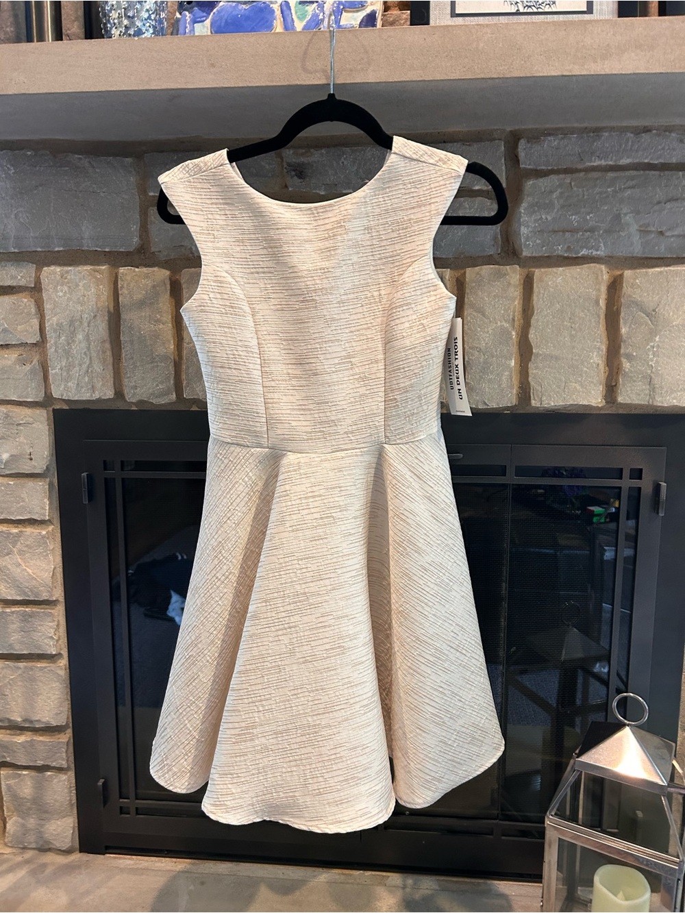 Un Deux Trois Cream Textured Sleeveless Fit & Flare Dress